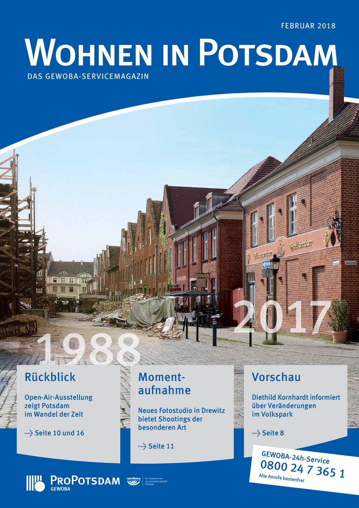 Februar-Cover des Gewoba-Servicemagazins Wohnen in Potsdam mit einer Vorher- und Nachher-Aufnahme einer Straße im Holländischen Viertel