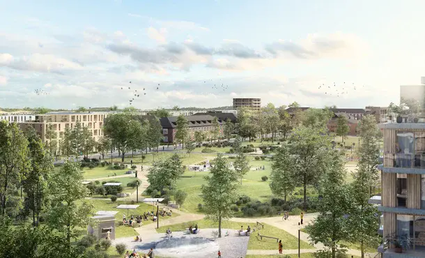 Rendering einer großzügigen, grünen, luftigen Parklandschaft umgeben von Gebäuden