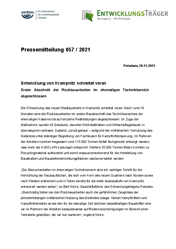Entwicklung von Krampnitz schreitet voran Entwicklung von Krampnitz schreitet voran