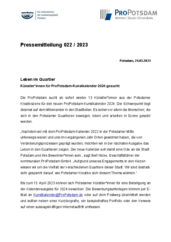 022/2023 ProPotsdam Pressemitteilung 022/2023 ProPotsdam Pressemitteilung