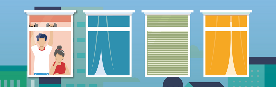 Illustration, die vier Fenster nebeneinander zeigt. Im ersten sieht man einen Mann mit Hanteln und eine Frau, die rausschaut. Die anderen Fenster sind blickgeschützt