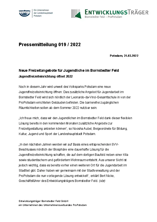 Entwicklungsträger Bornstedter Feld GmbH Entwicklungsträger Bornstedter Feld GmbH