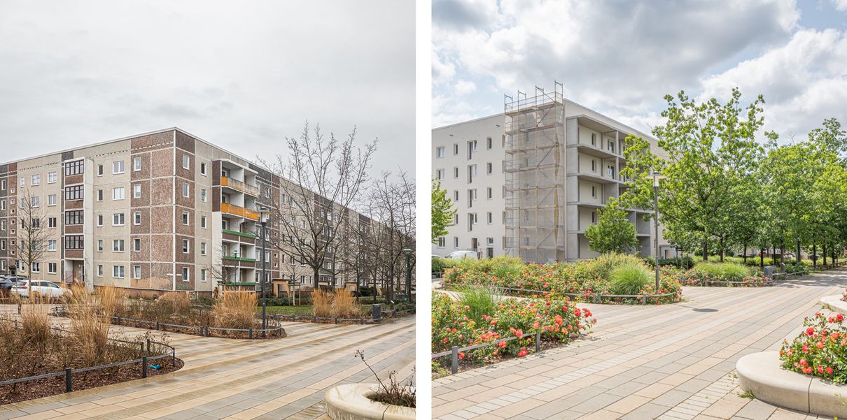 Vergleichsbild eines Wohngebäudes im Hertha-Thiele-Weg: Links der unsanierte Plattenbau aus den 1980er-Jahren, rechts der modernisierte Bau mit neuer Fassade und Balkonen.