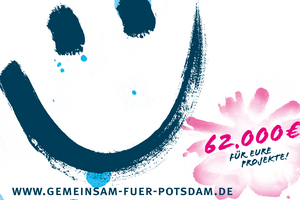 Logo des Förderwettbewerbs: ein grauer Smiley auf blau-weißem Hintergrund und einem pinken Element, in dem die Fördersumme steht.