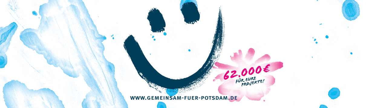 Logo des Förderwettbewerbs: ein grauer Smiley auf blau-weißem Hintergrund und einem pinken Element, in dem die Fördersumme steht.