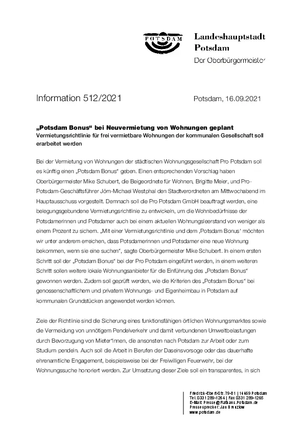 Pressemitteilung der Landeshauptstadt Potsdam: "Potsdam Bonus" soll eingeführt werden Pressemitteilung der Landeshauptstadt Potsdam: "Potsdam Bonus" soll eingeführt werden