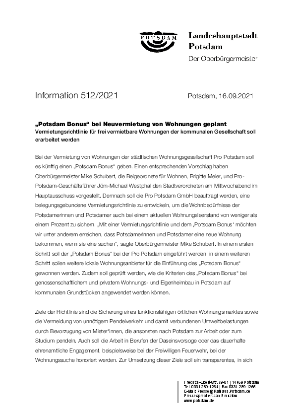Pressemitteilung der Landeshauptstadt Potsdam: "Potsdam Bonus" soll eingeführt werden