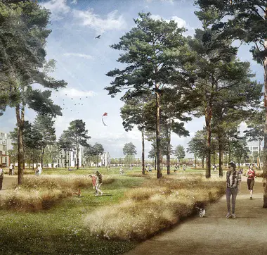 Visualisierung des Central Park in Krampnitz Visualisierung eines von Gebäuden umschlossenen, luftigen Parks mit vielen Wegen, Bäumen und Menschen