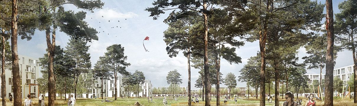 Visualisierung des Central Park in Krampnitz Visualisierung eines von Gebäuden umschlossenen, luftigen Parks mit vielen Wegen, Bäumen und Menschen