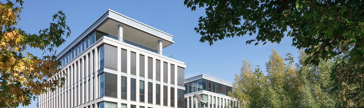 Firmensitz Pappelallee Vierstöckiger, gläserner Firmensitz der ProPotsdam mit Parkmöglichkeiten umgeben von hohen, grünen Bäumen