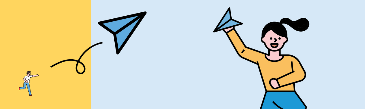 Illustration mit zwei Kindern, die Papierflieger fliegen lassen.