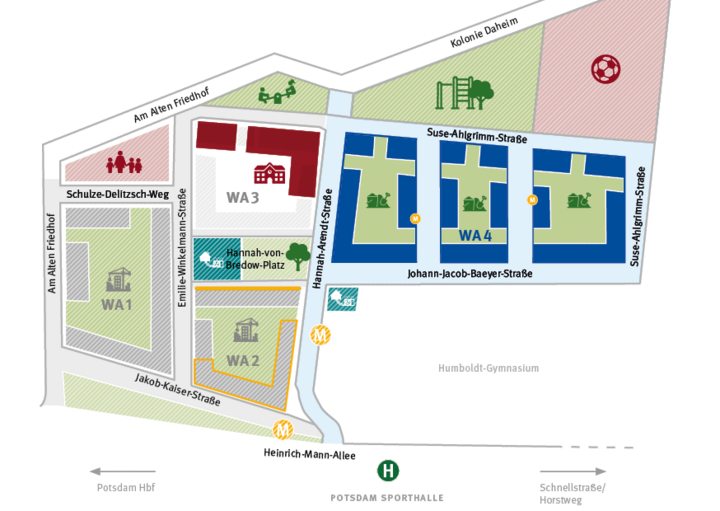 Übersichtlicher Lageplan des Quartiers an der Heinrich‑Mann‑Allee in Potsdam mit markierten Wohnabschnitten WA1–WA4, angrenzenden Straßen, Grünflächen, Spielplätzen sowie nahegelegenen Haltestellen und öffentlichen Einrichtungen