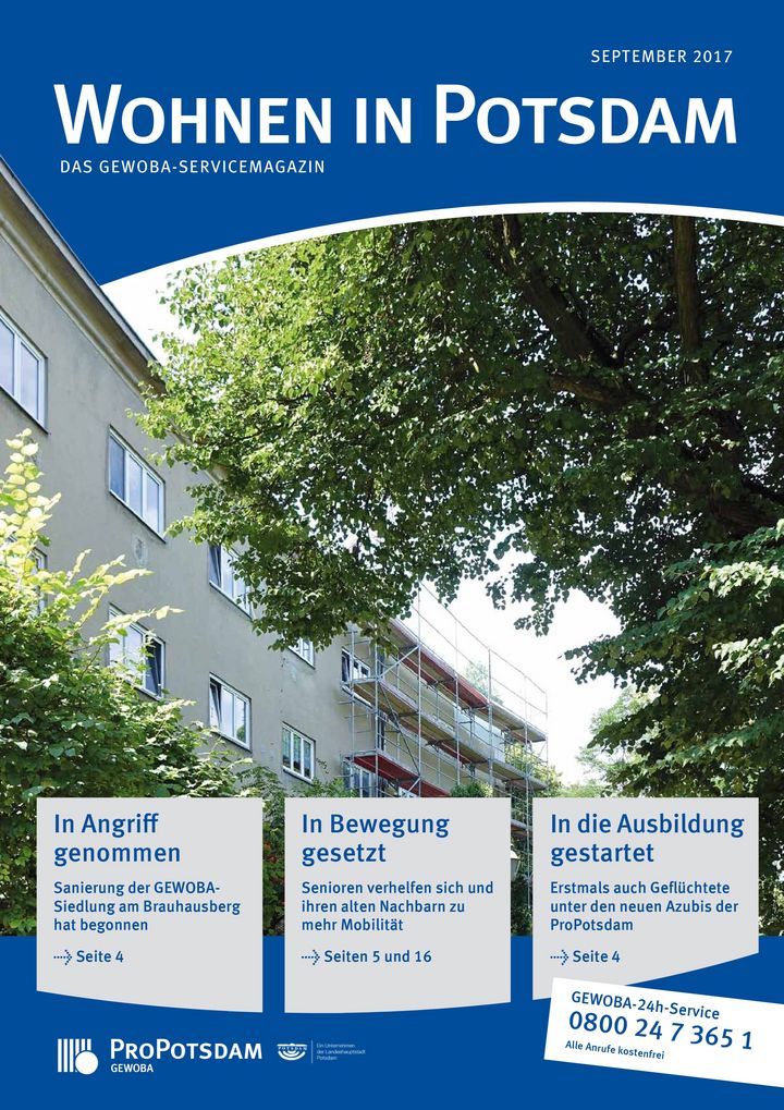 Cover des Gewoba-Servicemagazins Wohnen in Potsdam mit einer Hausfassade vom Brauhausberg, einem Baum und einem Busch