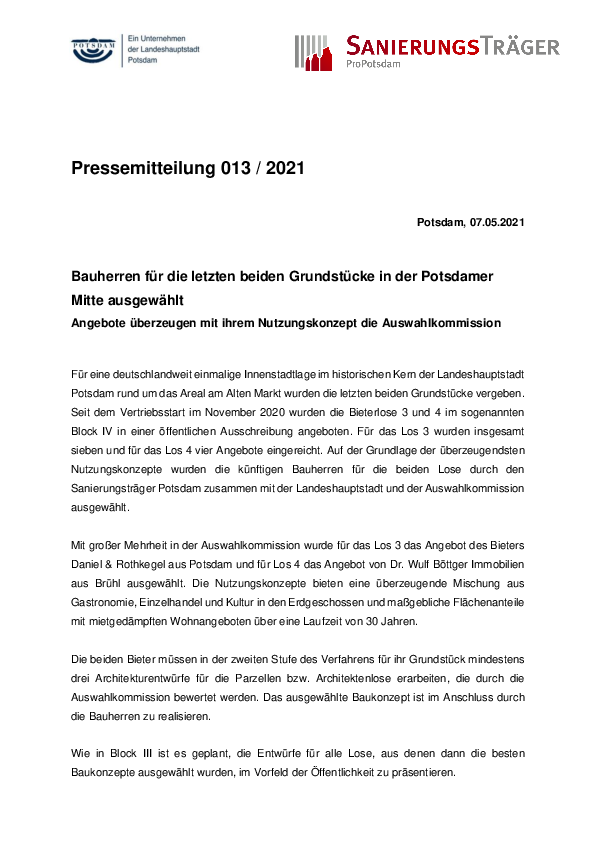 Pressemitteilung 013 Sanierungsträger Potsdam Bauherren für Block IV in der Potsdamer Mitte ausgewählt