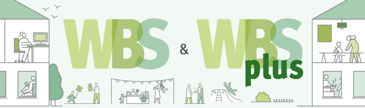 Illustration zu WBS und WBS plus mit Wohnhäusern, Menschen und Alltagsszenen rund um Beratung, Familie und Wohnen.
