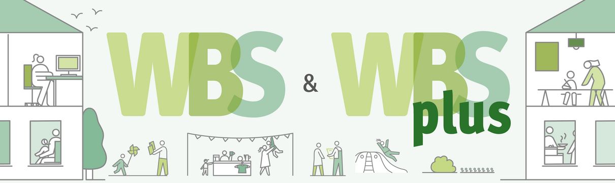 Illustration zu WBS und WBS plus mit Wohnhäusern, Menschen und Alltagsszenen rund um Beratung, Familie und Wohnen.