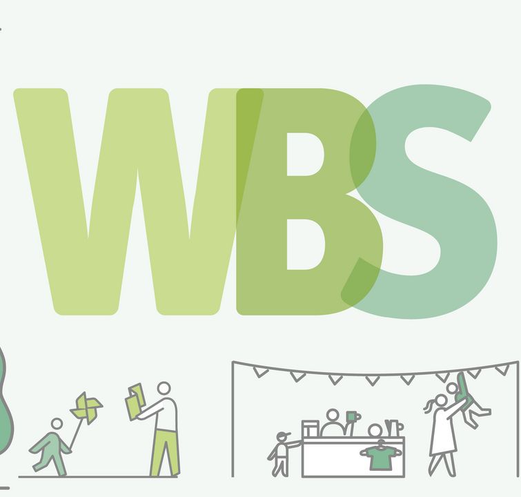Illustration zu WBS und WBS plus mit Wohnhäusern, Menschen und Alltagsszenen rund um Beratung, Familie und Wohnen.