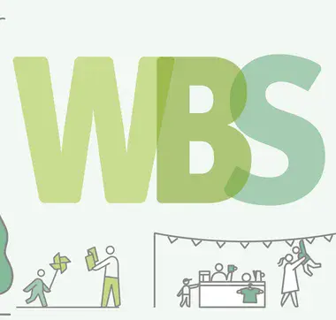 Illustration zu WBS und WBS plus mit Wohnhäusern, Menschen und Alltagsszenen rund um Beratung, Familie und Wohnen.