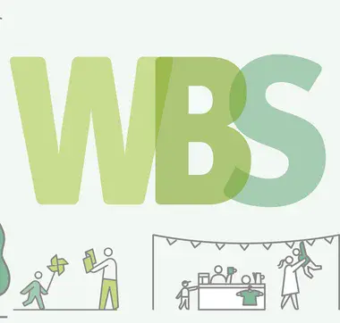 Illustration zu WBS und WBS plus mit Wohnhäusern, Menschen und Alltagsszenen rund um Beratung, Familie und Wohnen.