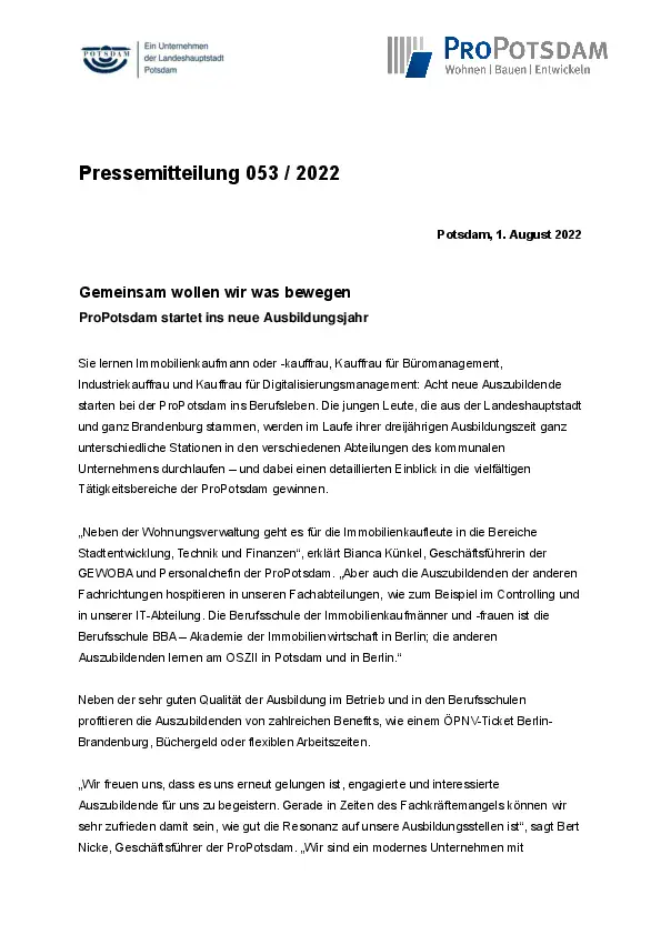 Gemeinsam wollen wir was bewegen – ProPotsdam startet ins neue Ausbildungsjahr Gemeinsam wollen wir was bewegen – ProPotsdam startet ins neue Ausbildungsjahr
