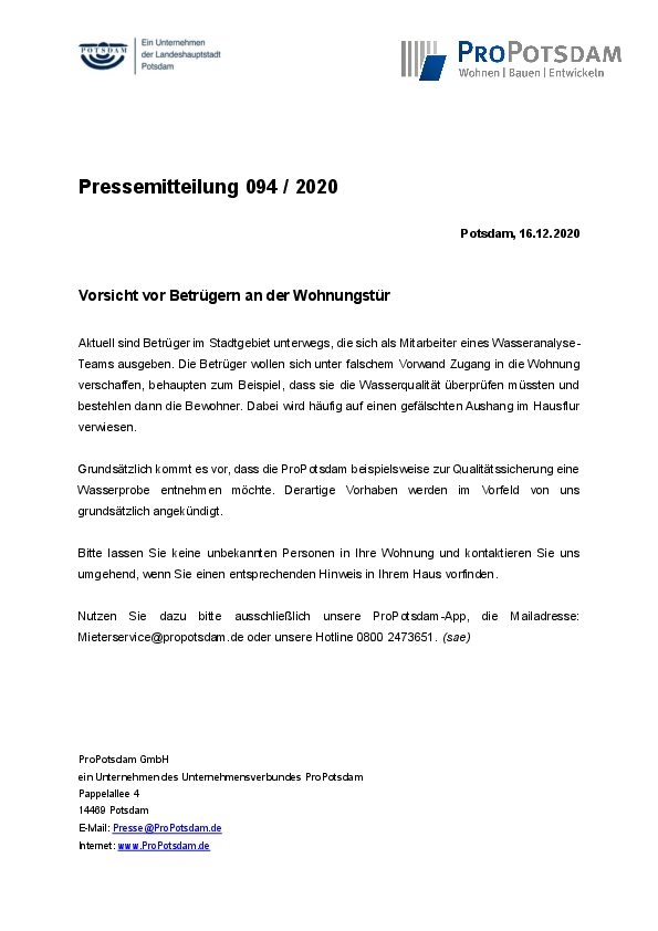 Vorsicht vor Betrügern an der Wohnungstür