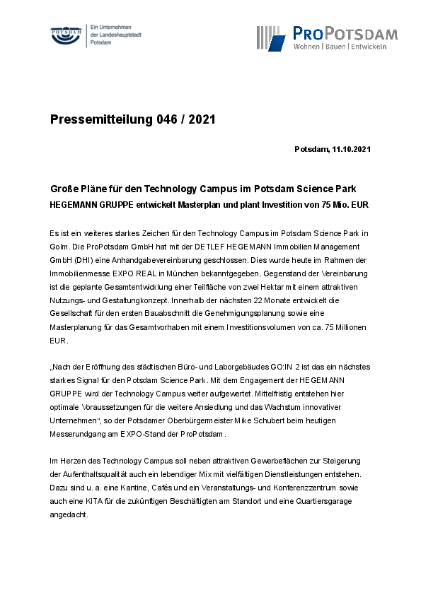 Große Pläne für den Technology Campus im Potsdam Science Park