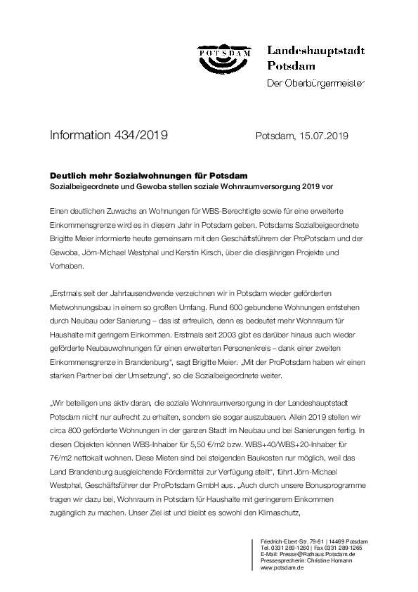 Pressemitteilung der Landeshauptstadt Potsdam zur sozialen Wohnraumversorgung 2019