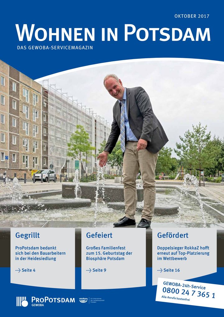 Cover des Gewoba-Servicemagazins Wohnen in Potsdam mit Baudezernent Bernd Rubelt vor dem Wasserbecken im Drewitzer Konrad-Wolf-Park