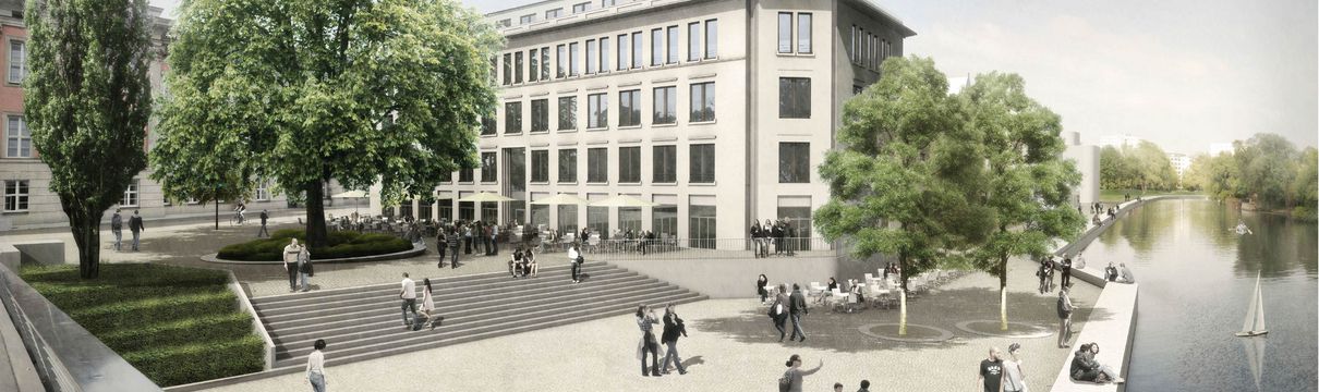 Auf einer Computergrafik spazieren Menschen entlang am Flussufer und an Gebäuden vorbei.
