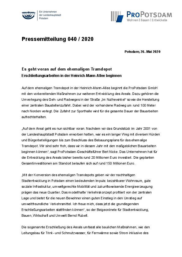 Pressemitteilung ProPotsdam GmbH