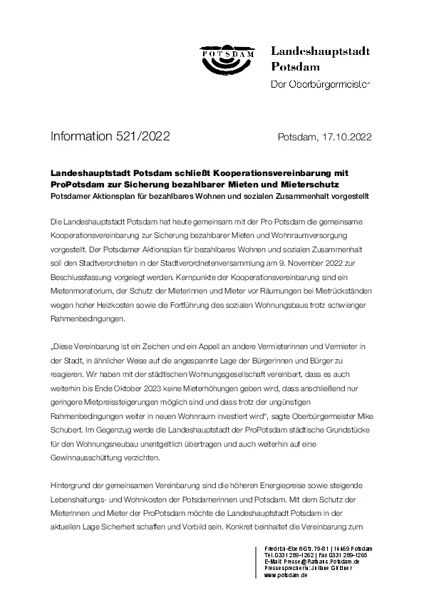 Pressemitteilung der Landeshauptstadt Potsdam Pressemitteilung der Landeshauptstadt Potsdam