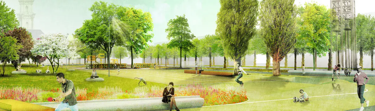 Potsdamer Mitte, Plantage Visualisierung Visualisierung des mit Bäumen, Wiese und Blumen begrünten Platzes mit Tischtennisplatte, Spielplatz, Spazier-Rundweg, Glockenspiel und vielen Sitzmöglichkeiten. Im Hintergrund sieht man die Spitze der Garnisonskirche.