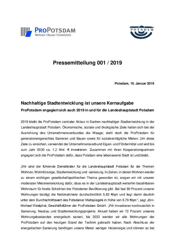 Nachhaltige Stadtentwicklung ist unsere Kernaufgabe, Pressemitteilung