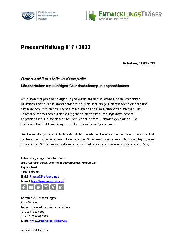 017/2023 Entwicklungsträger Potsdam Pressemitteilung