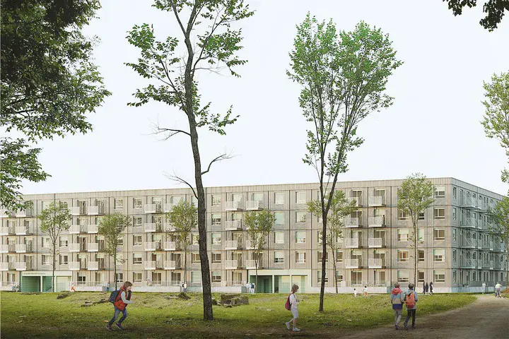 Visualisierung fünfstöckiger Wohnungsneubau mit vielen Aufgängen und Balkonen