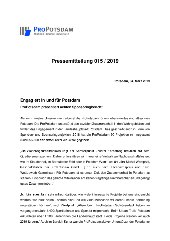 Engagiert in und für Potsdam, Pressemitteilung