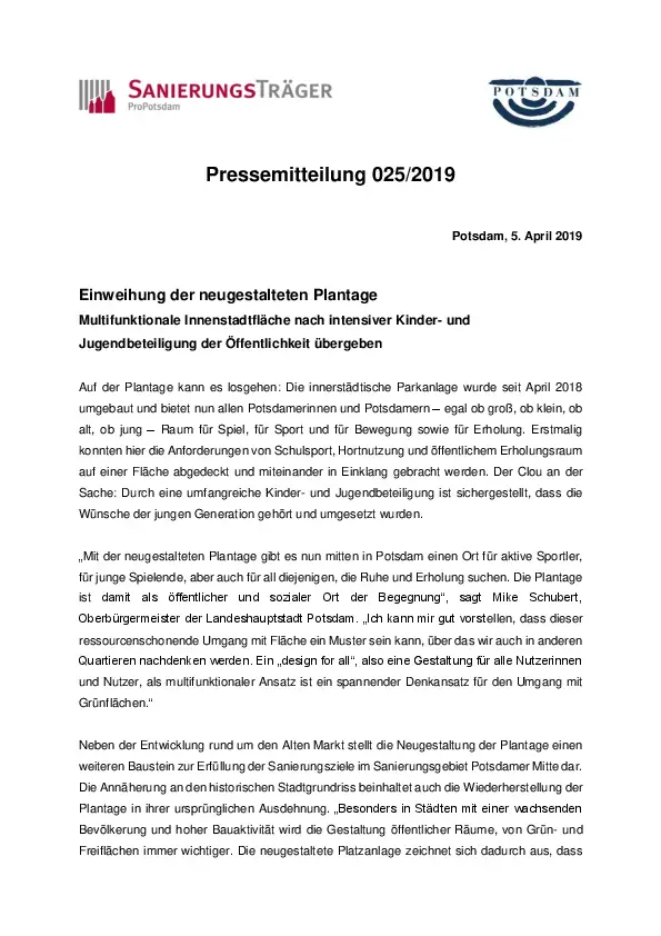 Einweihung der Plantage, Pressemitteilung Einweihung der Plantage, Pressemitteilung