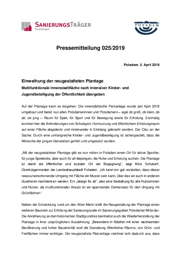 Einweihung der Plantage, Pressemitteilung