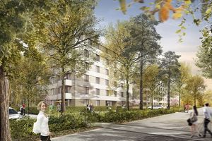 Visualisierung eines mehrstöckigen Wohnhauses mit weißer Fassade, umgeben von Bäumen und Fußgängern.