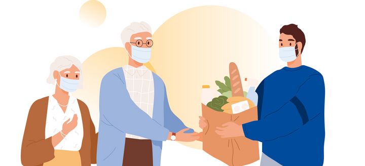 Die Illustration zeigt einen Mann, der einem älteren Pärchen eine Tüte mit Einkäufen überreicht. Alle tragen eine medizinische Gesichtsmaske.