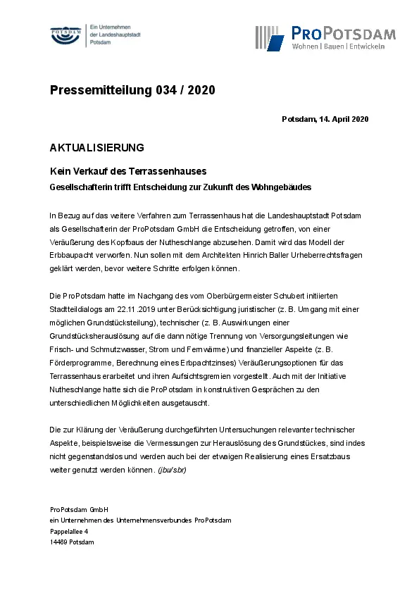 Aktualisierung: Kein Verkauf des Terrassenhauses Aktualisierung: Kein Verkauf des Terrassenhauses