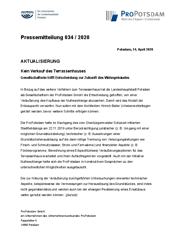 Aktualisierung: Kein Verkauf des Terrassenhauses