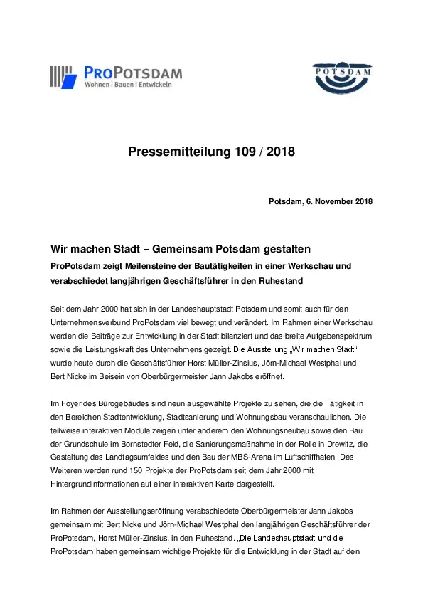 Wir machen Stadt - Gemeinsam Potsdam gestalten, Pressemitteilung Wir machen Stadt - Gemeinsam Potsdam gestalten, Pressemitteilung