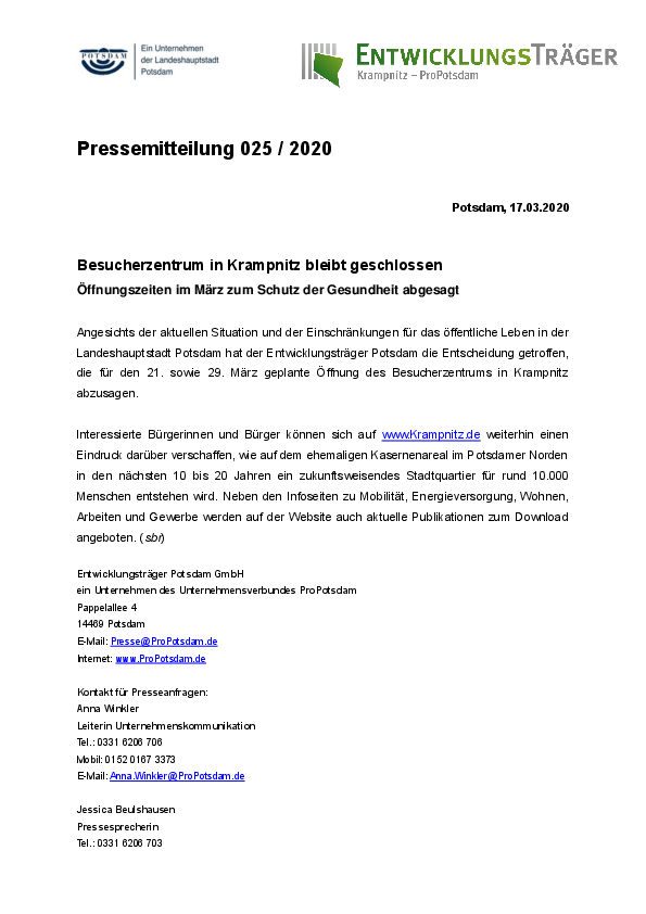 Besucherzentrum in Krampnitz bleibt geschlossen