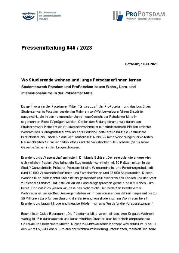 046/2023 ProPotsdam Pressemitteilung 046/2023 ProPotsdam Pressemitteilung