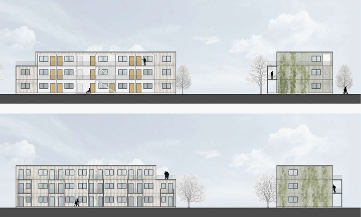 Visualisierung dreietagige Wohnblöcke in zwei unterschiedlichen Farbwelten