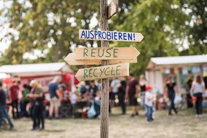 Ein aus Holz gefertigter Wegweiser, auf dem die Wärter Ausprobieren, Reuse und Recycle stehen. Im Hintergrund sind Menschen zu sehen, die an Informations- und Ausstellungsständen stehen.