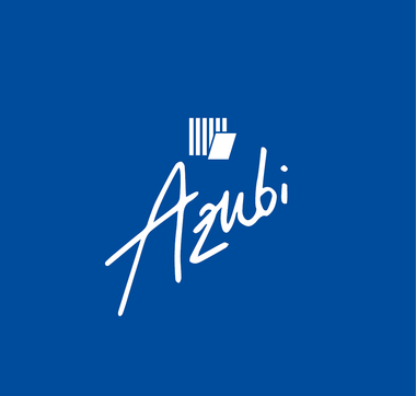 Blaue Farbfläche auf der das weiße Bildzeichen der ProPotsdam und der weißer, handschriftlicher Schriftzug: "Azubis" sitzt