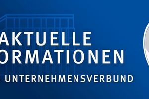 Blauer Hintergrund mit einem großen Ausrufezeichen und weißer Schrift und den Wörtern Aktuelle Informationen aus dem Unternehmensverbund