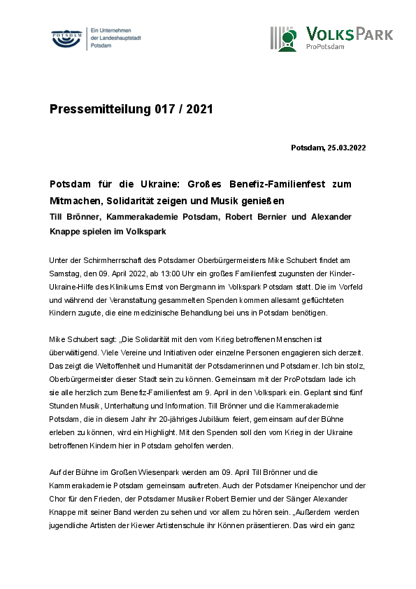 Potsdam für die Ukraine: Großes Benefiz-Familienfest zum Mitmachen, Solidarität zeigen und Musik genießen